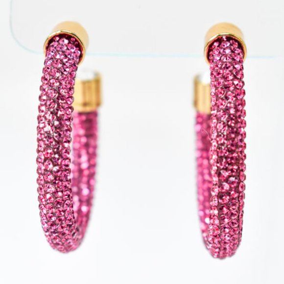 1.75" Boho Fuchsia Pave Rhinestones Hoop Earrings - Picture 4 of 12
